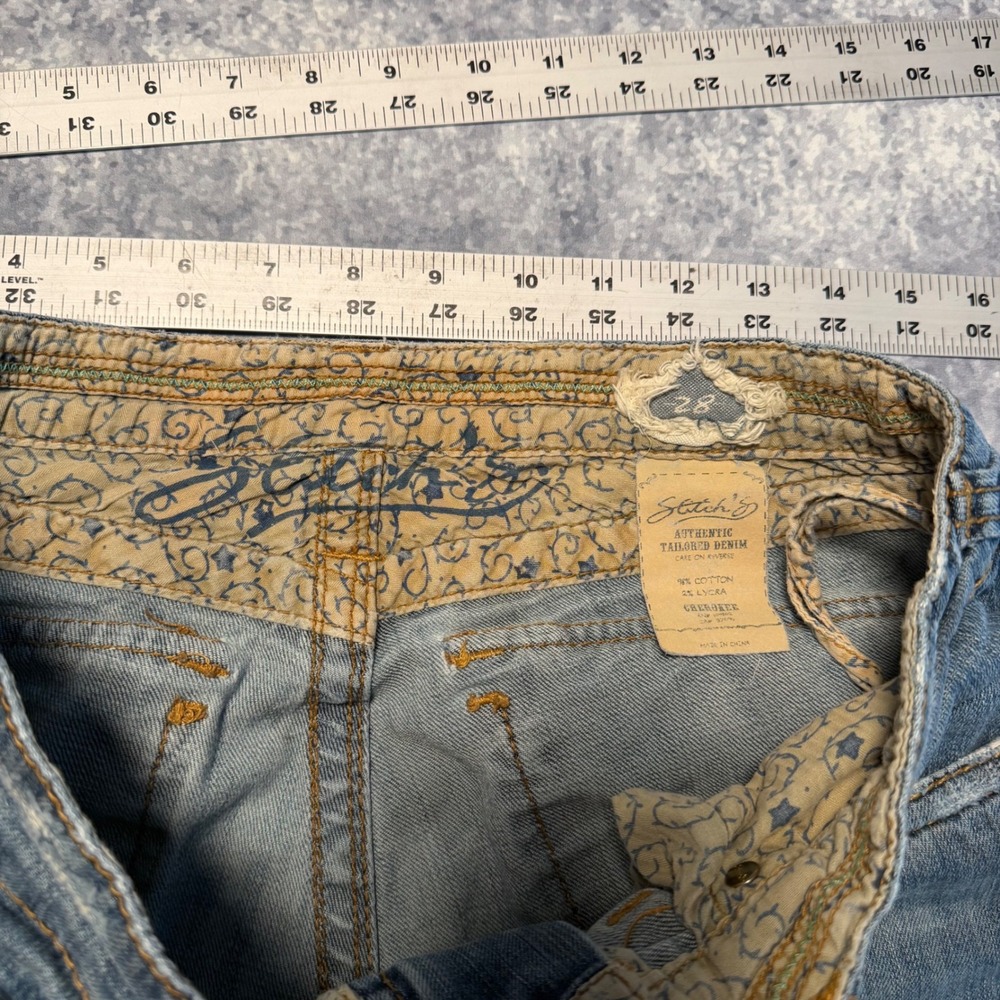Y2K Stitch's Women Blue Distressed Bootcut Jeans Size 28 Low Rise Flap Pocket - Picture 3 of 8